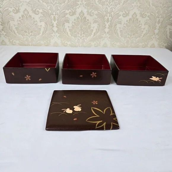 Japanese Jubako Stacked Box Brown w/Red Lacquer Interior Bunnies and Flowers